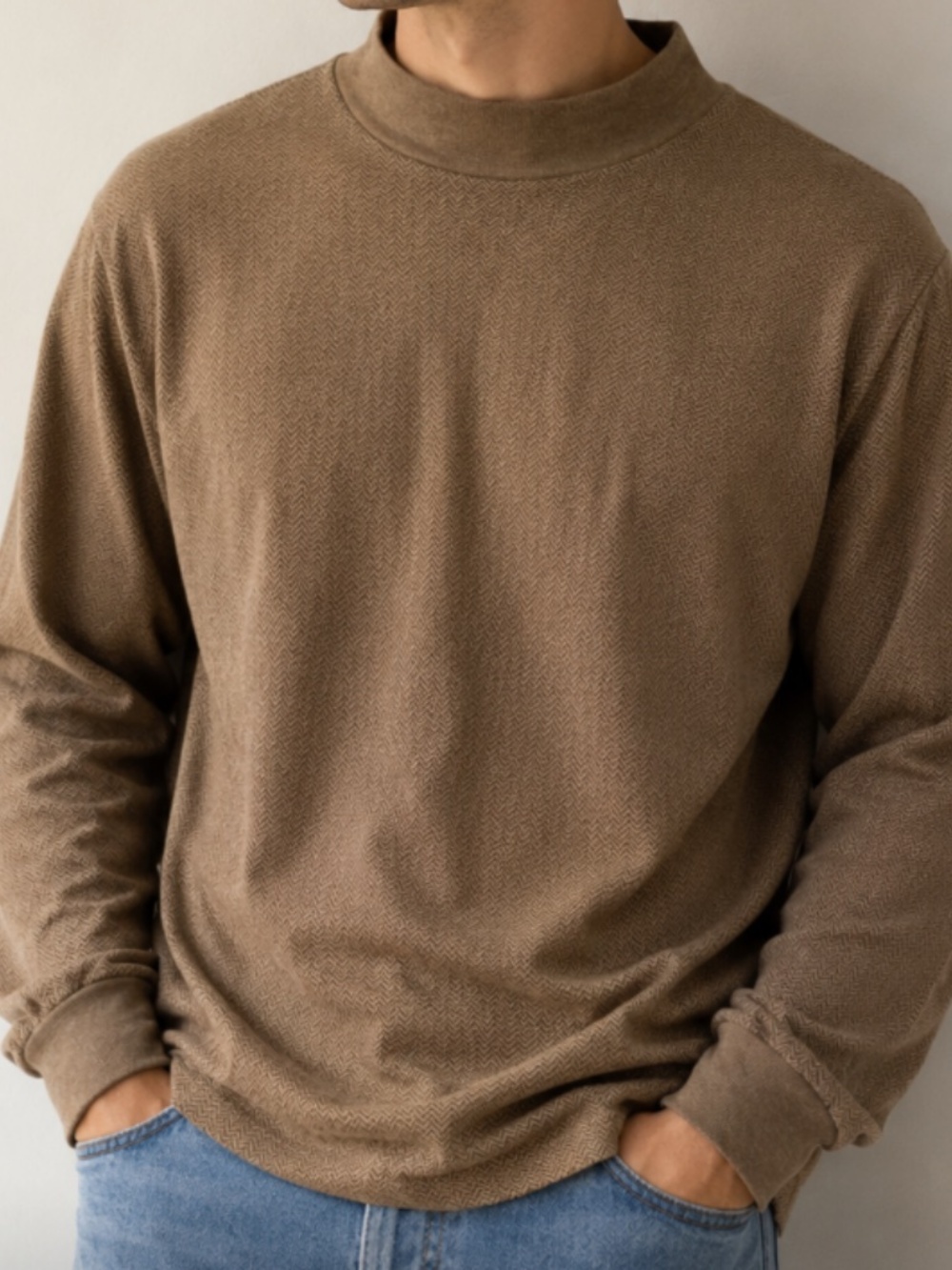 Lands' End Brown Long-Sleeve Chevron Pattern Mock Neck Sweater